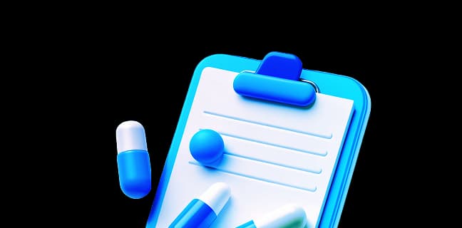 A digital clipboard with a notepad and blue and white capsules scattered around it, symbolizing medication management.
