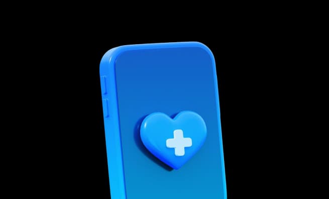 A blue smartphone with a heart icon featuring a medical cross, symbolizing health and wellness technology.