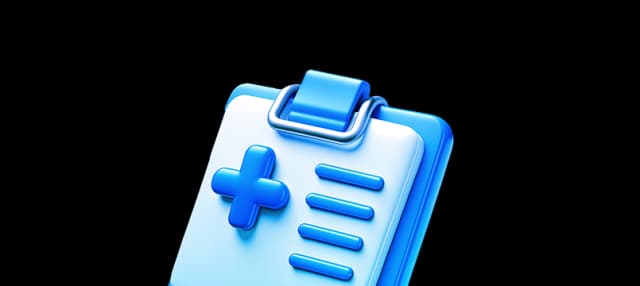 A 3D illustration of a blue medical clipboard with a cross symbol and horizontal lines, representing health records or documentation.