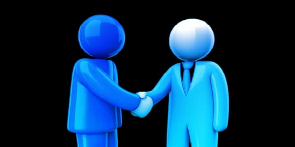 Two stylized figures in blue shake hands, symbolizing agreement or partnership in a professional context.