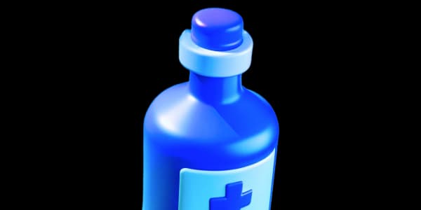 A blue medical bottle with a white cap and a cross symbol on its label, symbolizing health or healing.